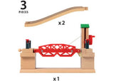 Wooden BRIO Lifting Bridge with crank mechanism, two ascending tracks, and stop barriers for interactive train play.