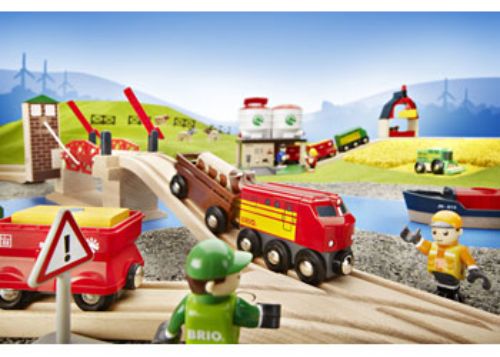 BRIO Lifting Bridge with crank, wooden design, two ascending tracks, enhances children's train play and creativity.