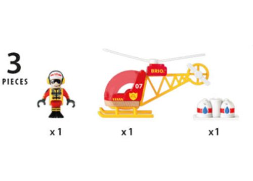 Wooden BRIO Firefighter Helicopter toy set with pilot, magnetic water supply, and openable door for imaginative play.