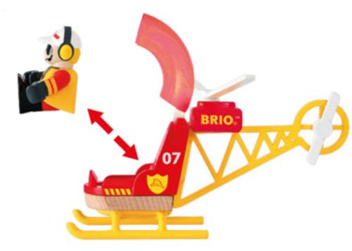 Wooden BRIO Firefighter Helicopter toy set with pilot and magnetic water supply for imaginative firefighting adventures.