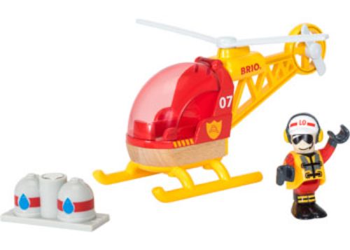 BRIO Firefighter Helicopter set with pilot, water supply, and openable door for imaginative rescue play.