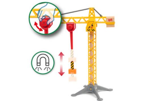 Colorful BRIO Crane toy with lights, rotating tower, and magnetic hook, perfect for imaginative construction play for kids.