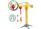 Colorful BRIO Crane toy with lights, rotating tower, and magnetic hook, perfect for imaginative construction play for kids.