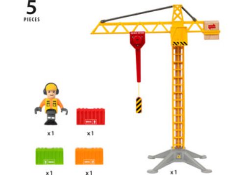 Colorful BRIO Crane set featuring a rotating tower, working trolley, and vibrant lights, ideal for imaginative construction play.