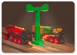 Double-sided LED Railway Light for BRIO tracks, featuring a red button for easy use and automatic shut-off for battery conservation.