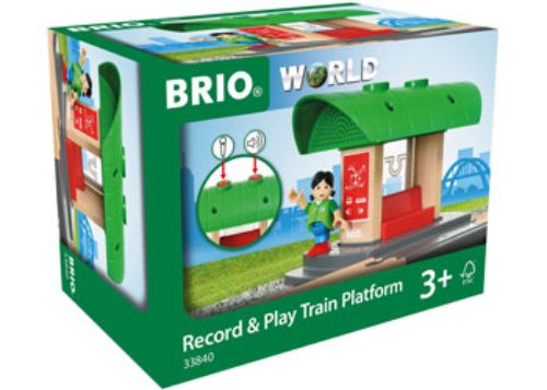 BRIO Destination train platform with Record & Play feature, encouraging creative play and announcements for young railway enthusiasts.