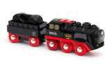 A colorful 3-piece battery-operated toy train with steam effects and a cargo wagon for imaginative play and learning.