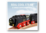 Battery-operated BRIO BO Steaming Train set with realistic steam effects and cargo wagon, ideal for imaginative play.