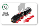 Battery-operated BRIO BO Steaming Train set with realistic steam effects and cargo wagon, designed for imaginative play.