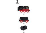 Battery-operated BRIO BO Steaming Train set with steam effects, cargo wagon, and easy-to-use controls for imaginative play.