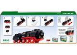 Battery-operated BRIO BO Steaming Train set with realistic steam effects, cargo wagon, and easy controls for imaginative play.