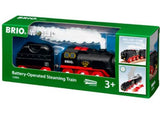 Battery-operated BRIO BO Steaming Train set with realistic steam, cargo wagon, and easy button controls for imaginative play.