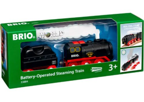 Battery-operated BRIO BO Steaming Train set with realistic steam effects, cargo wagon, and easy control buttons for kids.