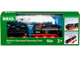 Battery-operated toy train set featuring realistic steam effects, cargo wagon, and easy-to-use buttons for kids aged 3+.