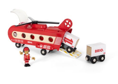Brightly colored BRIO Cargo Transport Helicopter toy with spinning rotor and cargo bay for imaginative play, suitable for ages 3+.