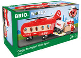 Brightly colored BRIO Cargo Transport Helicopter toy with spinning rotor and cargo bay for loads, designed for imaginative play.