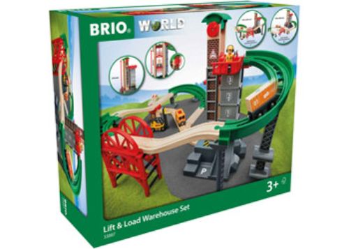 Colorful BRIO Lift and Load Warehouse Set with 32 pieces, including stackable tracks and a functioning lift for imaginative play.