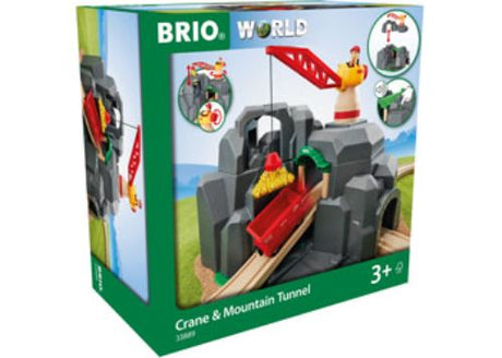 Wooden BRIO Tunnel set with crane and mountain features, 7 pieces, enhancing imaginative train adventures with sounds.