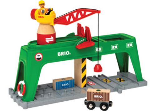 BRIO Container Crane set featuring a magnetic hook, 360-degree movement, and six pieces for engaging construction play.