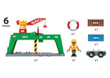 Colorful BRIO Container Crane set with a magnetic hook, construction figure, and cargo wagon for imaginative building play.