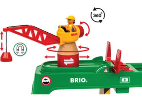 BRIO Crane set with 360-degree action, magnetic hook, wooden cargo, construction figure, and cargo wagon for imaginative play.