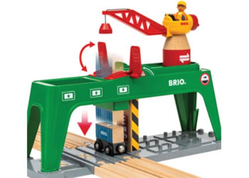 BRIO Crane - Container Crane set with 360-degree action, includes crane, figure, cargo, wagon, and lifebuoy for imaginative play.