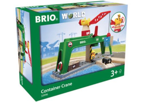 BRIO Crane set for hands-on play, featuring a 360-degree rotating crane, magnetic hook, and six accessory pieces for imaginative construction.