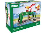 BRIO Crane set for hands-on play, featuring a 360-degree rotating crane, magnetic hook, and six accessory pieces for imaginative construction.