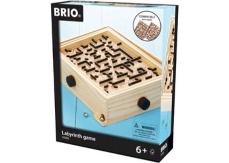 BRIO Labyrinth Game set featuring a wooden maze, challenging players to balance a ball while avoiding holes.