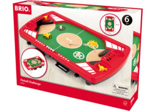 Colorful two-player BRIO Pinball Challenge game with 10 pieces, featuring flippers and customizable spinners for exciting play.