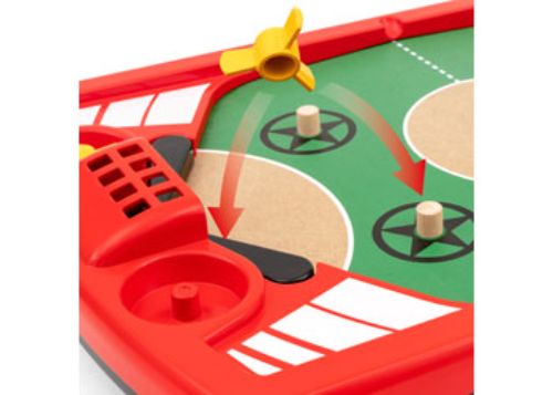 BRIO Pinball Challenge game featuring 10 pieces, flippers for fast action, spinners for extra fun, made from sustainable materials.