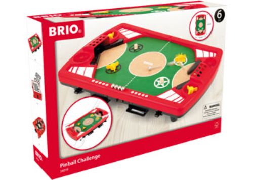 Two-player BRIO Pinball Challenge game featuring wooden design, flippers, spinners, and a metal marble for thrilling play.