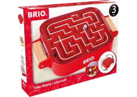 Portable BRIO Take Along Labyrinth Game for kids, featuring a sealed design for no lost marbles and vibrant gameplay.