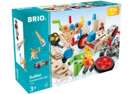 Alt text: Colorful BRIO Builder construction set with 136 pieces for creative building and engineering skills in children aged 3+.