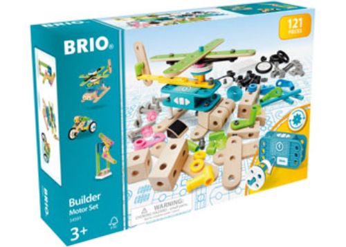 BRIO Builder Motor Set with 121 pieces, featuring a battery-powered motor for creative engineering play and hands-on fun.