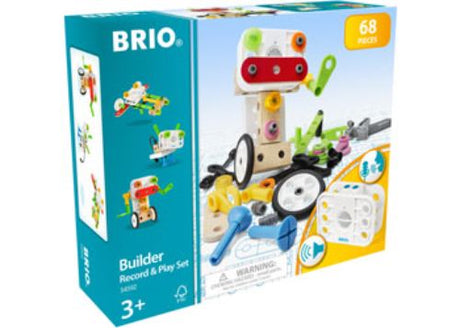 Colorful BRIO Builder set with 68 pieces for creative play, featuring a record and play unit for sounds and storytelling.