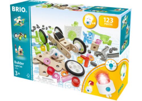 BRIO Builder Light Set with 123 pieces for creative construction, featuring a light unit for enhanced imaginative play.