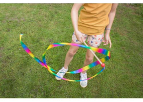 Colorful BS Toys Dance Ribbon with a wooden stick, designed for kids to enhance creativity and motor skills through movement.