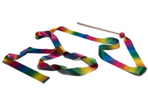 Colorful dance ribbon on a wooden stick, designed for children to inspire movement and creativity through imaginative play.