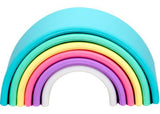 Pastel-colored wooden rainbow set for imaginative play and developmental growth in toddlers, ideal for stacking and sorting.