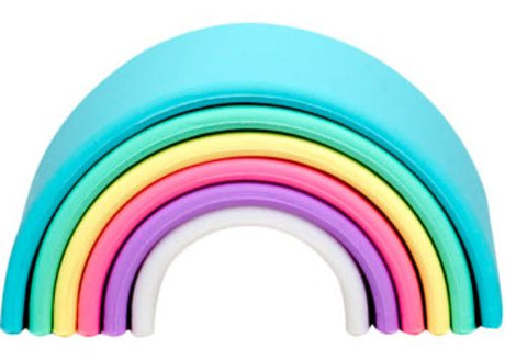 Pastel-colored wooden rainbow set for imaginative play and developmental growth in toddlers, ideal for stacking and sorting.