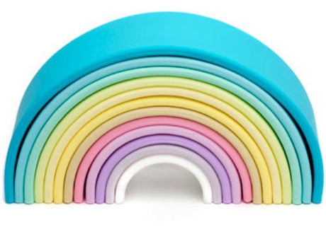 Pastel wooden rainbow set with 12 pieces for creative play and cognitive development in toddlers. Ideal for open-ended fun.