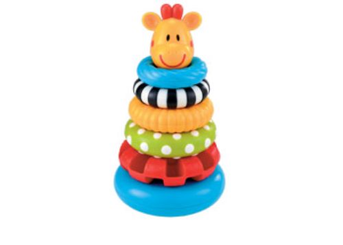 Colorful sensory stacking rings with textures and a giraffe topper for developing fine motor skills in toddlers.