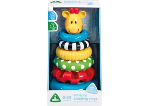 Colorful sensory stacking ring set with textured rings and giraffe topper, perfect for developing fine motor skills in toddlers.