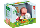 Colorful Happyland Farm Animals set featuring a pig, cow, horse, chicken with chicks, and sheep for imaginative play.