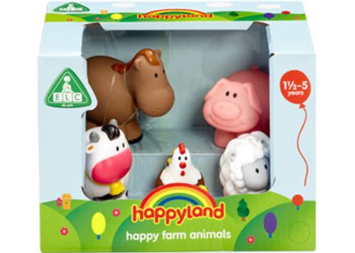 Colorful set of Happyland farm animals including a pig, cow, horse, chicken with chicks, and sheep for imaginative play.