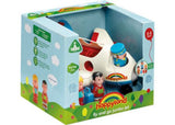 Colorful airplane playset with pilot and passengers, featuring motion-activated sounds and lights for imaginative adventures.