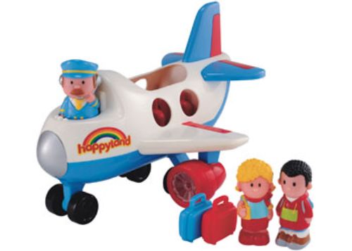 Colorful Happyland Jumbo airplane playset with figures, suitcases, and motion-activated sounds for imaginative play adventures.