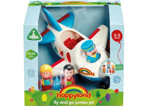 "Happyland Jumbo airplane playset with figures, suitcases, and motion-activated sounds for imaginative adventurers aged 3+."