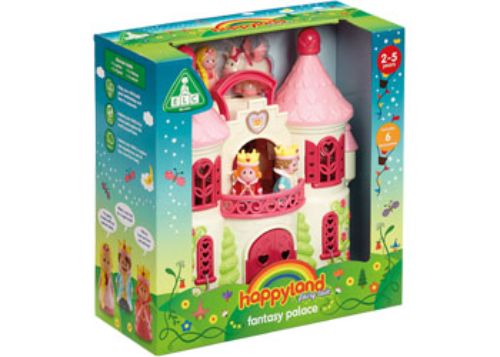 Colorful Happyland Fantasy Palace playset with king, queen, princess, unicorn, and thrones, promoting imaginative role-play adventures.